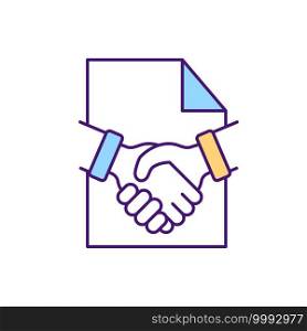 Contract management RGB color icon. Commercial contracts types. Storing Contract Documents. Getting agreement from both sides of contract creation process. Isolated vector illustration. Contract management RGB color icons set