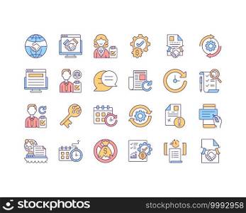 Contract management RGB color icons set. Contract management benefits. Anticipate business needs. Intellectual property agreement. Collecting digital signatures. Isolated vector illustrations. Contract management RGB color icons set
