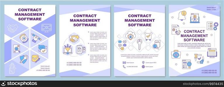 Contract management software brochure template. Creation, monitoring. Flyer, booklet, leaflet print, cover design with linear icons. Vector layouts for magazines, annual reports, advertising posters. Contract management software brochure template