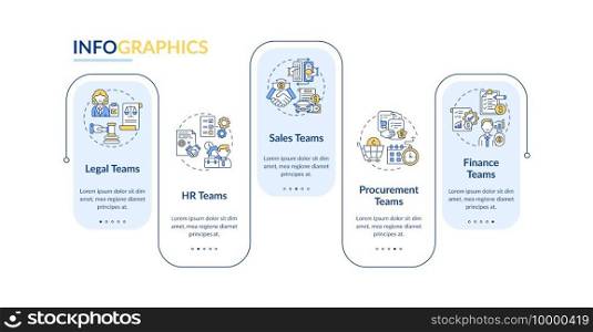Contract management software users vector infographic template. HR teams presentation design elements. Data visualization with 5 steps. Process timeline chart. Workflow layout with linear icons. Contract management software users vector infographic template