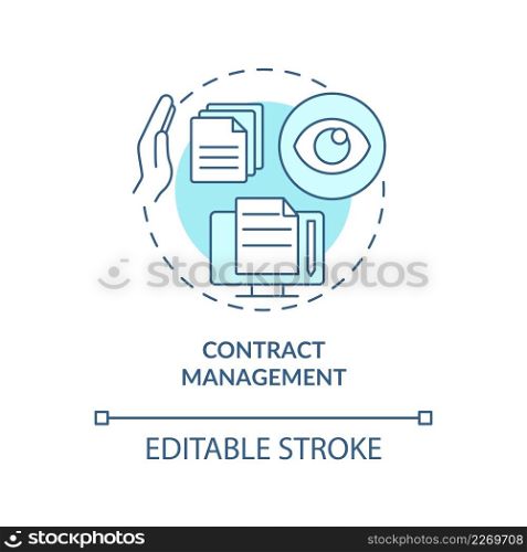 Contract management turquoise concept icon. Examples of automation in business abstract idea thin line illustration. Isolated outline drawing. Editable stroke. Arial, Myriad Pro-Bold fonts used. Contract management turquoise concept icon