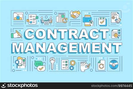 Contract management word concepts banner. Reducing financial risk. Creation, execution. Infographics with linear icons on blue background. Isolated typography. Vector outline RGB color illustration. Contract management word concepts banner