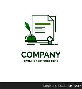 contract, paper, document, agreement, award Flat Business Logo template. Creative Green Brand Name Design.
