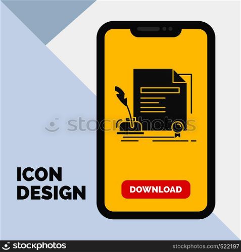 contract, paper, document, agreement, award Glyph Icon in Mobile for Download Page. Yellow Background. Vector EPS10 Abstract Template background