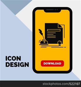 contract, paper, document, agreement, award Glyph Icon in Mobile for Download Page. Yellow Background. Vector EPS10 Abstract Template background