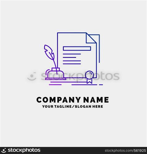 contract, paper, document, agreement, award Purple Business Logo Template. Place for Tagline. Vector EPS10 Abstract Template background