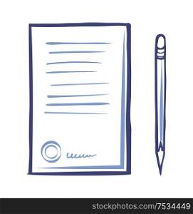 Contract paper icon and sharp pencil isolated vector. Document list with font signs, written scribble text on sheet. File with note, template of letter. Contract Paper Icon, Sharp Pencil Isolated Vector