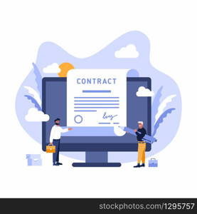 Contract Sign Up Paper Document between Businessmen. Flat vector illustration of Digital Signature Agreement on a big screen - worldwide technological business concept. Contract Sign Up Paper Document Businessman Agreement Digital Signature Tablet Computer Smart Cell Phone Web Banner Flat Vector Illustration