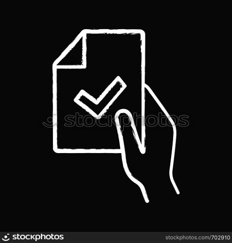 Contract signing chalk icon. Business agreement. Test or exam successfully completed. Document verification. Hand holding paper sheet with check mark. Approved. Isolated vector chalkboard illustration. Contract signing chalk icon
