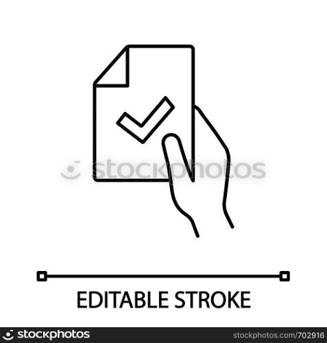 Contract signing linear icon. Business agreement. Test or exam successfully completed. Document verification. Thin line illustration. Approved. Vector isolated outline drawing. Editable stroke. Contract signing linear icon
