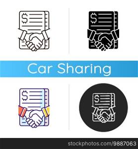 Contract success icon. Car renting contract creating process. Business with selling automobiles for people. Linear black and RGB color styles. Isolated vector illustrations. Contract success icon