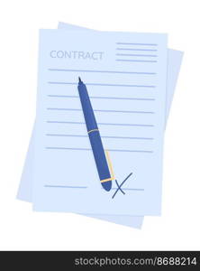 Contract with pen semi flat color vector object. Business deal. Editable element. Full sized item on white. Simple cartoon style illustration for web graphic design and animation. Quicksand font used. Contract with pen semi flat color vector object
