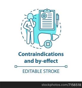 Contraindications and by effect concept icon. Keto diet idea thin line illustration. Ketogenic therapy. Dietary treatment. Cautions, warning. Symptoms. Vector isolated outline drawing. Editable stroke