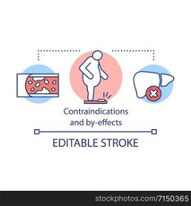 Contraindications and by effect concept icon. Keto diet idea thin line illustration. Overweight, scales. Treatment warning. Side symptoms. Vector isolated outline drawing. Editable stroke