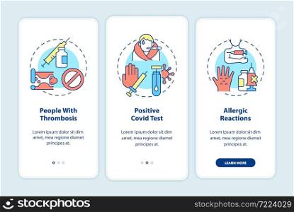 Contraindications to vaccines onboarding mobile app page screen. Positive covid test walkthrough 3 steps graphic instructions with concepts. UI, UX, GUI vector template with linear color illustrations. Contraindications to vaccines onboarding mobile app page screen