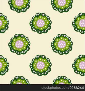 Contrast floral botanic seamless pattern with green abstract folk buds shapes. Light pastel yellow background. Designed for fabric design, textile print, wrapping, cover. Vector illustration. Contrast floral botanic seamless pattern with green abstract folk buds shapes. Light pastel yellow background.