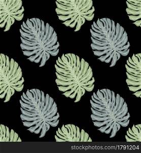 Contrast seamless pattern with green and blue monstera leaves ornament. Black background. Decorative backdrop for fabric design, textile print, wrapping, cover. Vector illustration.. Contrast seamless pattern with green and blue monstera leaves ornament. Black background.