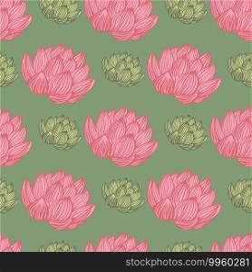 Contrast seamless pattern with pink lotus elements print. Green background. Nature summer bloom artwork. Decorative backdrop for fabric design, textile print, wrapping, cover. Vector illustration. Contrast seamless pattern with pink lotus elements print. Green background. Nature summer bloom artwork.