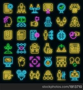 Contribute work icons set. Outline set of contribute work vector icons neon color on black. Contribute work icons set vector neon
