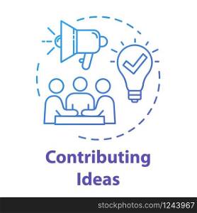 Contributing ideas concept icon. Business meeting. Briefing and teamwork. Cooperation in group. Education idea thin line illustration. Vector isolated outline RGB color drawing. Editable stroke