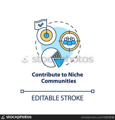 Contribution to niche communities concept icon. Target marketing idea thin line illustration. Market analyzing, client search. Vector isolated outline RGB color drawing. Editable stroke