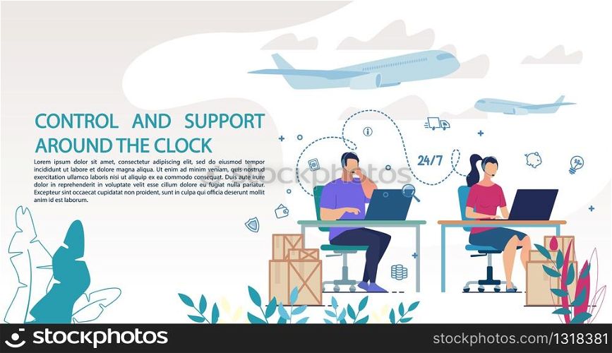 Control and Support Online Technical Service for Track Delivered Goods. Man and Woman in Headset Sitting at Computer Answer Customers Question. Call Center. Logistics Department. Vector Illustration. Control Support Service for Track Delivered Goods