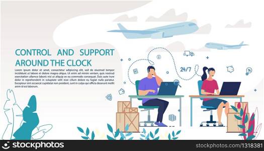 Control and Support Online Technical Service for Track Delivered Goods. Man and Woman in Headset Sitting at Computer Answer Customers Question. Call Center. Logistics Department. Vector Illustration. Control Support Service for Track Delivered Goods