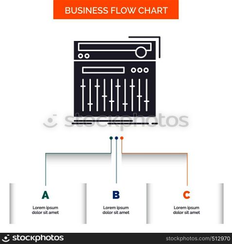 Control, controller, midi, studio, sound Business Flow Chart Design with 3 Steps. Glyph Icon For Presentation Background Template Place for text.. Vector EPS10 Abstract Template background