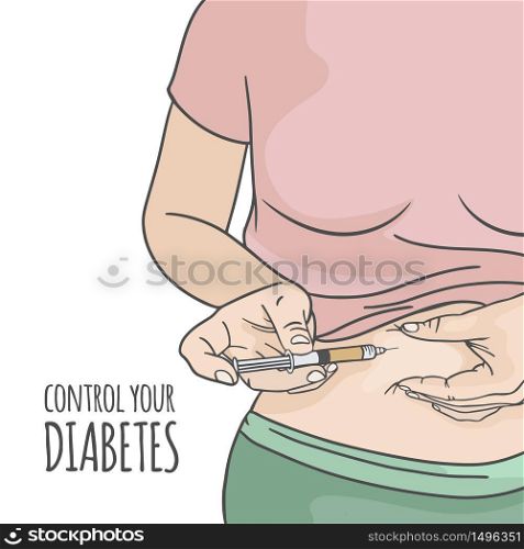 CONTROL DIABETES Injection In Stomach Vector Illustration