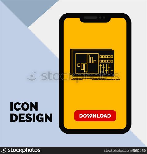 control, equalizer, equalization, sound, studio Glyph Icon in Mobile for Download Page. Yellow Background. Vector EPS10 Abstract Template background