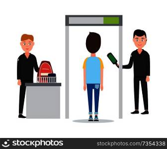 Control luggage in airport security men wearing special uniform holding scanner helping to detect dangerous elements isolated on vector illustration. Control of Luggage in Airport Vector Illustration