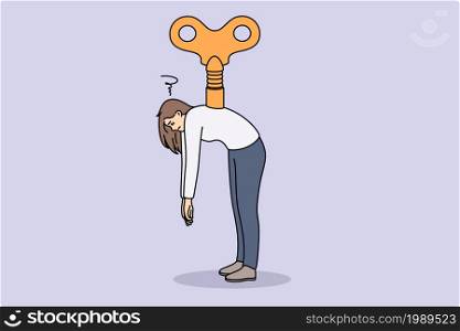 Control manipulation and marionette concept. Young tired woman standing with huge key in her back over grey background vector illustration . Control manipulation and marionette concept.