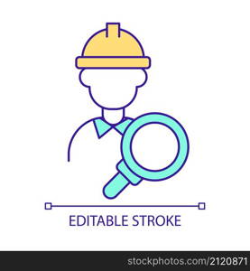 Control of industrial processes RGB color icon. Engineer with magnifier glass. Quality management. Isolated vector illustration. Simple filled line drawing. Editable stroke. Arial font used. Control of industrial processes RGB color icon