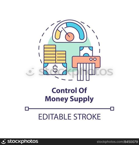 Control of money supply concept icon. Total amount of cash. Controlling inflation abstract idea thin line illustration. Isolated outline drawing. Editable stroke. Arial, Myriad Pro-Bold fonts used. Control of money supply concept icon