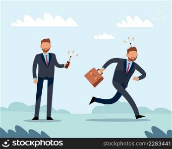 Control over the execution of instruction. Improving business system. Businessman with control panel, controlling employees to follow orders, people manipulation. Vector cartoon flat isolated concept. Control over the execution of instruction. Improving business system. Controlling employees to follow orders, people manipulation. Vector cartoon flat isolated concept