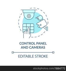 Control panel and cameras blue concept icon. House safeguard abstract idea thin line illustration. Home protection system. Remote and wired. Vector isolated outline color drawing. Editable stroke. Control panel and cameras blue concept icon