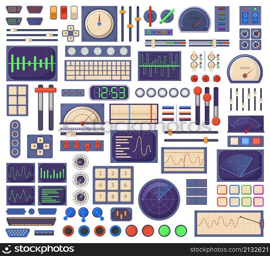 Control panel elements, buttons dials, tuners and connection ports. Retro control panel interface elements vector illustration set. Electronic spacecraft dashboard parts. Button panel interface. Control panel elements, buttons dials, tuners and connection ports. Retro control panel interface elements vector illustration set. Electronic spacecraft dashboard parts
