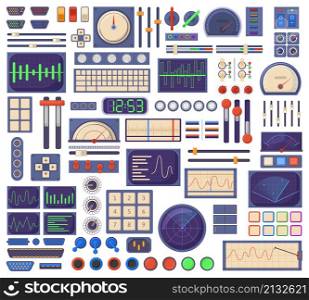 Control panel elements, buttons dials, tuners and connection ports. Retro control panel interface elements vector illustration set. Electronic spacecraft dashboard parts. Button panel interface. Control panel elements, buttons dials, tuners and connection ports. Retro control panel interface elements vector illustration set. Electronic spacecraft dashboard parts