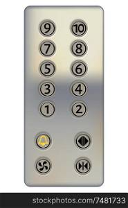 Control panel of the elevator on a white background. Metal elevator panel with buttons and numbers of floors. Realistic style. Vector illustration of the elevator panel. Isolated object