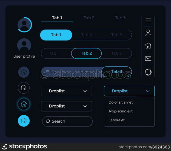 Control panel UI elements kit. Main tabs. Editable isolated vector components. Interface buttons. Web design pack for mobile app, software with dark theme. Montserrat Light, Medium, Bold fonts used. Control panel UI elements kit