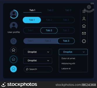 Control panel UI elements kit. Main tabs. Editable isolated vector components. Interface buttons. Web design pack for mobile app, software with dark theme. Montserrat Light, Medium, Bold fonts used. Control panel UI elements kit