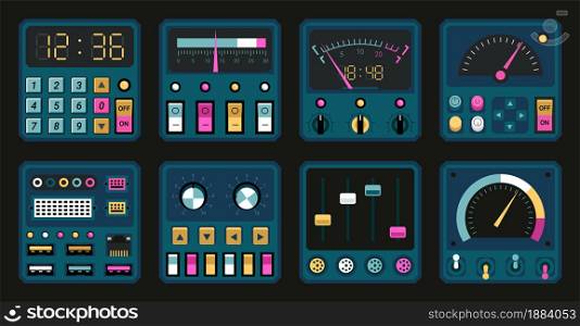 Control panels. Retro PC and radio dashboard with switches and buttons. Connection ports, tuners and dials. Old computer interface templates. Electric device UI elements. Vector console boards set. Control panels. Retro PC and radio dashboard with switches and buttons. Connection ports, tuners and dials. Computer interface templates. Electric device UI elements. Vector boards set