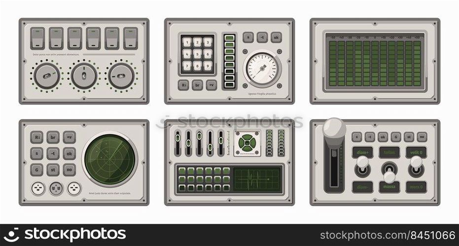 Control panels templates. Ui colored set buttons checkboxes frames keypad switches scrollers music&lified systems garish vector set. Illustration of ui panel with switch and dashboard. Control panels templates. Ui colored set buttons checkboxes frames keypad switches scrollers music&lified systems garish vector set