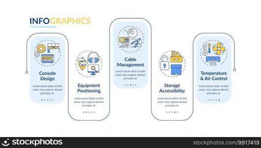 Control room ergonomics vector infographic template. Temperature, storage presentation design elements. Data visualization with 5 steps. Process timeline chart. Workflow layout with linear icons. Control room ergonomics vector infographic template