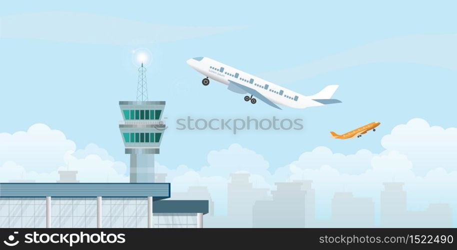 Control tower with Airplane taking off from the airport with on city silhouette and sky on background, flat vector illustration.