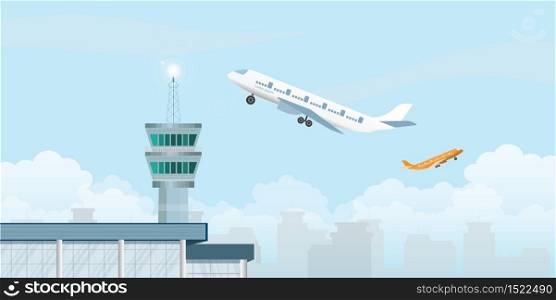 Control tower with Airplane taking off from the airport with on city silhouette and sky on background, flat vector illustration.