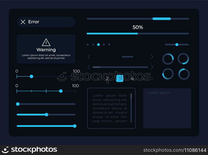 Control UI elements kit. Loading process. Editable isolated vector components. Navigation. Web design widget pack for mobile app, software with dark theme. Montserrat Light, Medium, Bold fonts used. Control UI elements kit