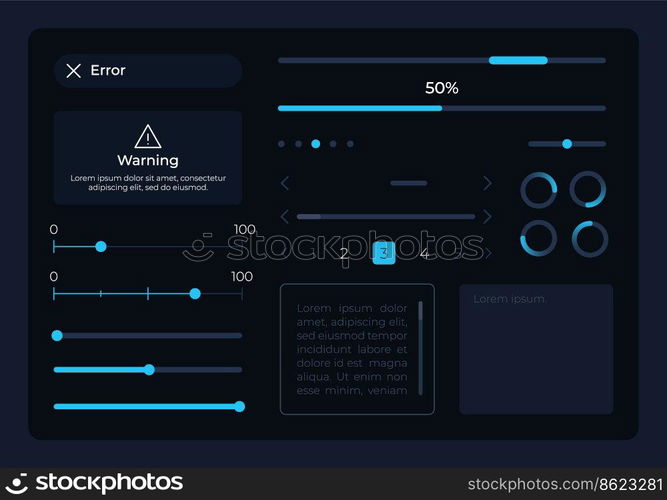 Control UI elements kit. Loading process. Editable isolated vector components. Navigation. Web design widget pack for mobile app, software with dark theme. Montserrat Light, Medium, Bold fonts used. Control UI elements kit