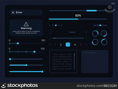 Control UI elements kit. Loading process. Editable isolated vector components. Navigation. Web design widget pack for mobile app, software with dark theme. Montserrat Light, Medium, Bold fonts used. Control UI elements kit