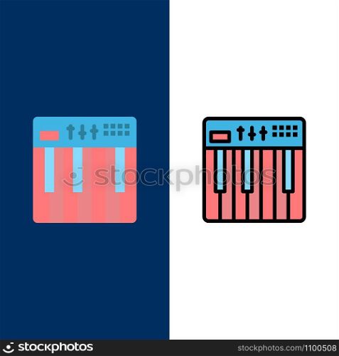 Controller, Hardware, Keyboard, Midi, Music Icons. Flat and Line Filled Icon Set Vector Blue Background